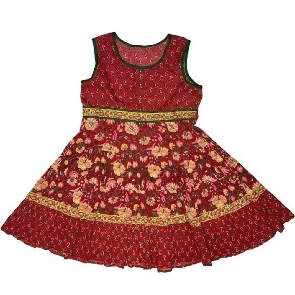 100% Cotton Boho Red Sequined Fit & Flare Sleeveless Tiered Floral Dress Medium